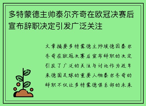 多特蒙德主帅泰尔齐奇在欧冠决赛后宣布辞职决定引发广泛关注